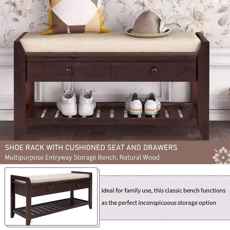 Banc de rangement capitonné 1 personne avec tiroirs Espresso / Pin ancien