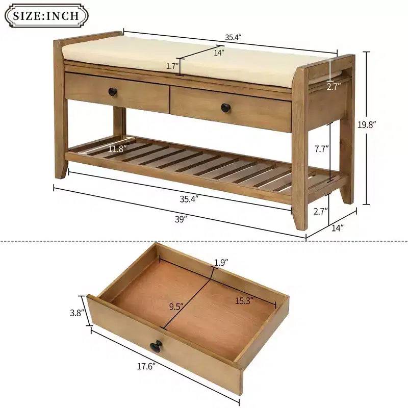 Banc de rangement capitonné 1 personne avec tiroirs Espresso / Pin ancien