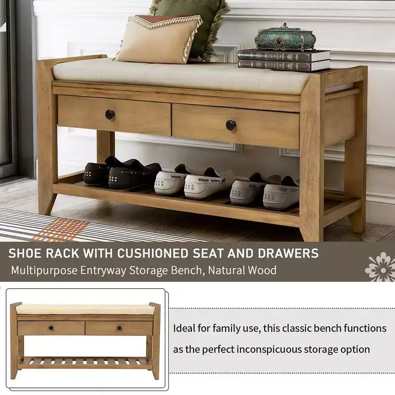 Banc de rangement capitonné 1 personne avec tiroirs Espresso / Pin ancien