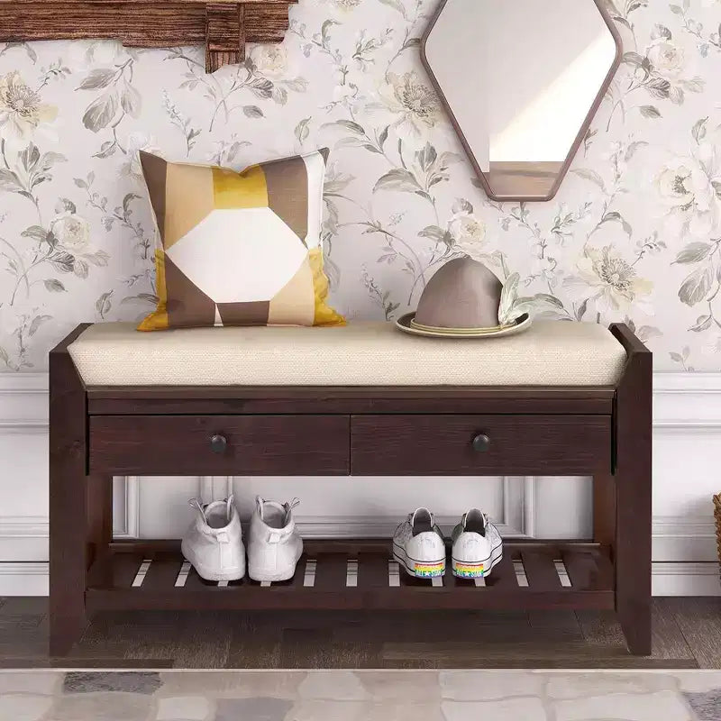 Banc de rangement capitonné 1 personne avec tiroirs Espresso / Pin ancien