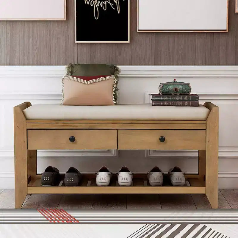 Banc de rangement capitonné 1 personne avec tiroirs Espresso / Pin ancien