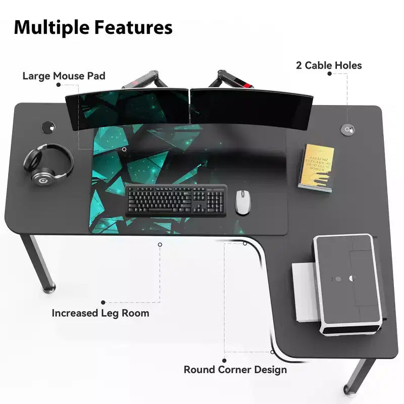 Bureau d'angle noir, 60"×23", individuel