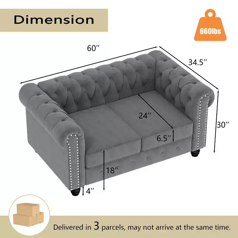Causeuse Chesterfield en velours gris, 2 places