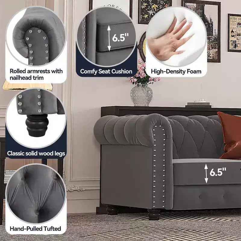 Causeuse Chesterfield en velours gris, 2 places
