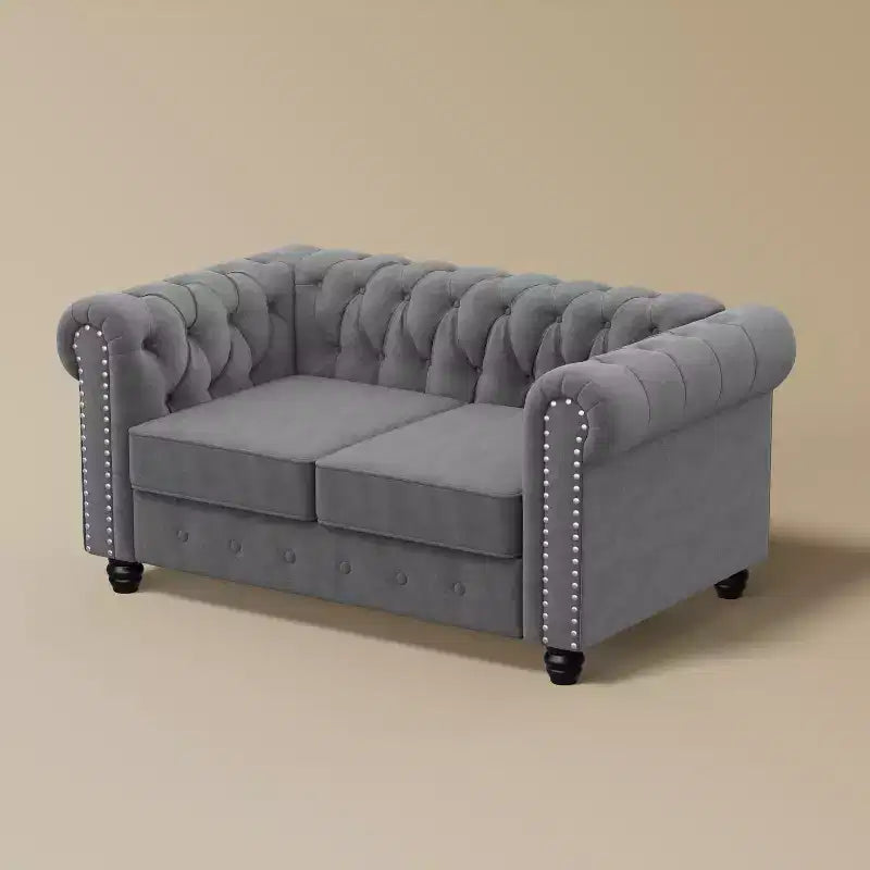 Causeuse Chesterfield en velours gris, 2 places