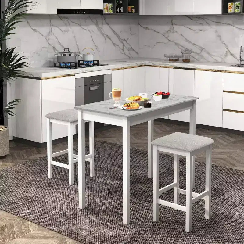Ensemble table de bar mange-debout marron et noir / blanc et gris avec 2 tabourets rembourrés, 2 places
