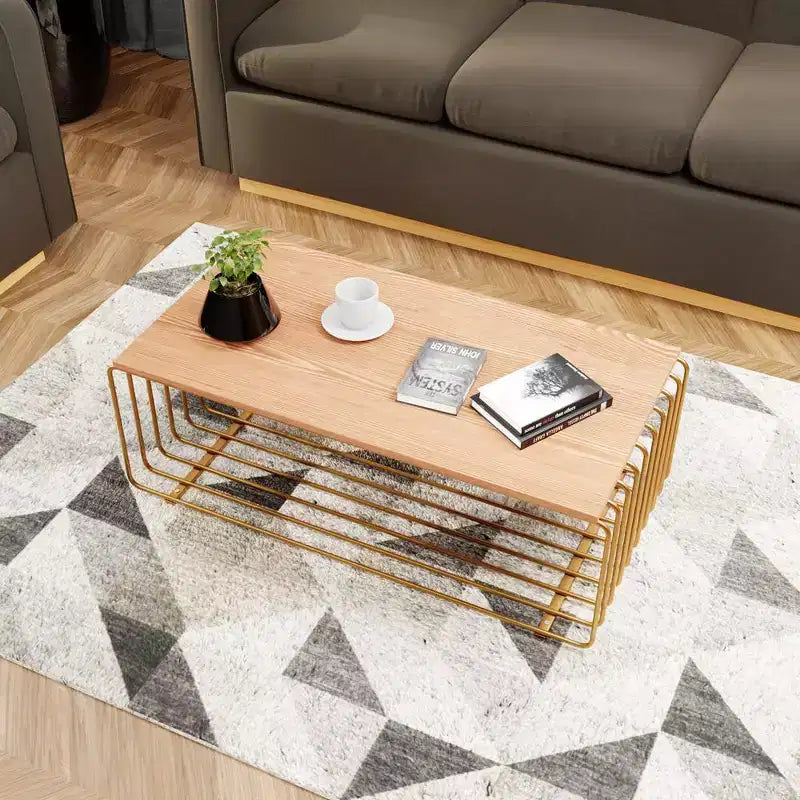 Table basse rectangulaire, noir / or / blanc, plateau en placage de bois et piètement en fil d'acier, 1 pièce