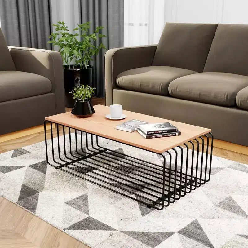 Table basse rectangulaire, noir / or / blanc, plateau en placage de bois et piètement en fil d'acier, 1 pièce