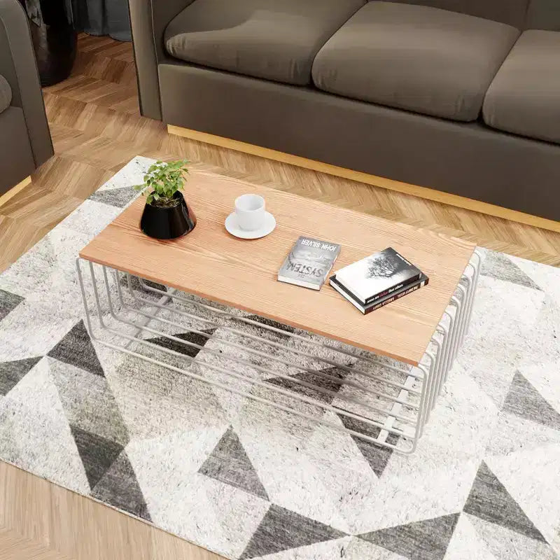 Table basse rectangulaire, noir / or / blanc, plateau en placage de bois et piètement en fil d'acier, 1 pièce