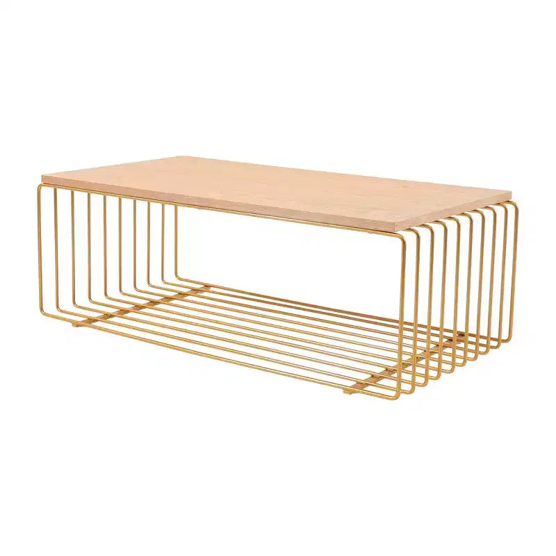 Table basse rectangulaire, noir / or / blanc, plateau en placage de bois et piètement en fil d'acier, 1 pièce