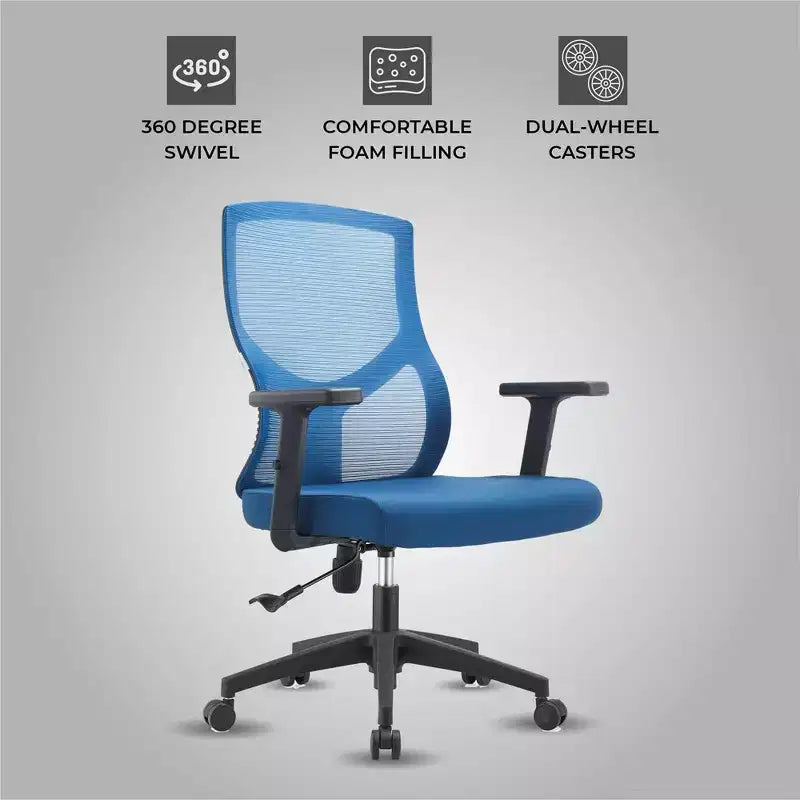 Chaise de bureau pivotante à dossier en maille et assise rembourrée – Noir / Bleu / Gris / Gris clair, 1 place