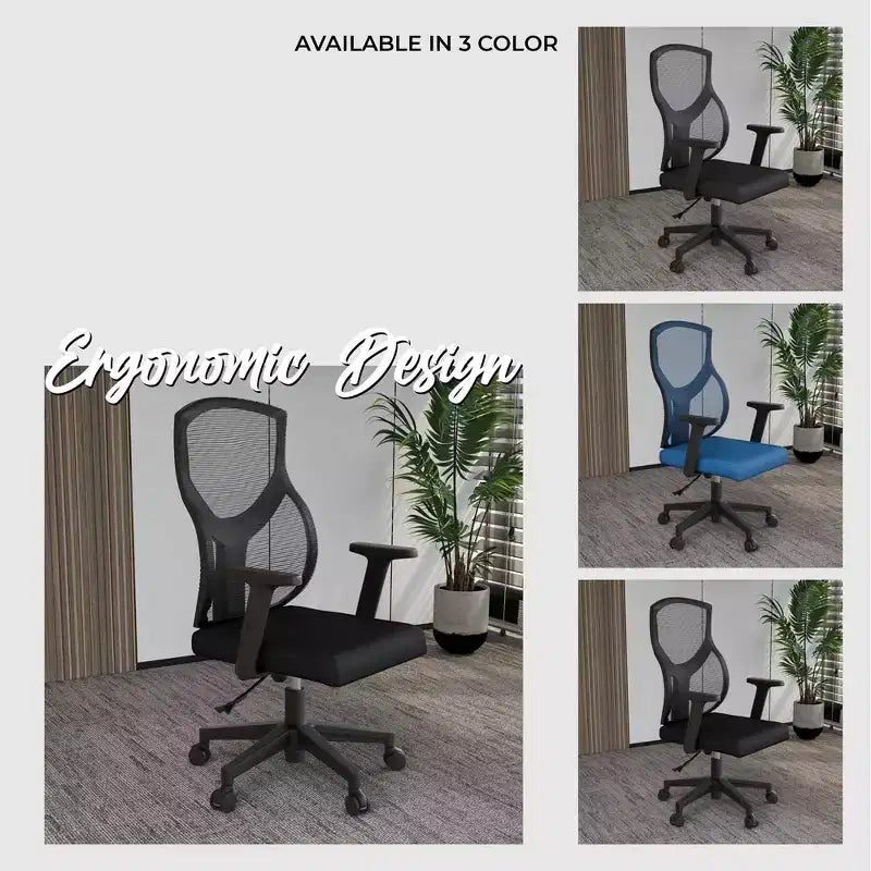 Chaise de bureau pivotante à dossier en maille et assise rembourrée – Noir / Bleu / Gris / Gris clair, 1 place