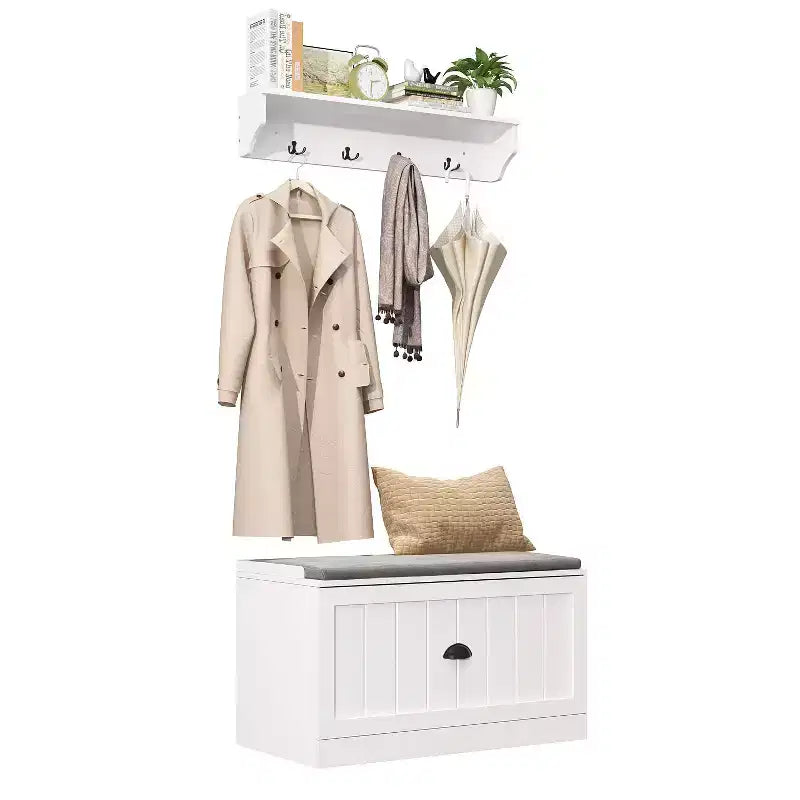 Famapy White Coat Rack Shoe Bench Set Wall Mount Hall Tree