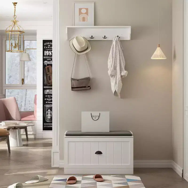 Porte-manteau mural blanc avec banc et 4 crochets doubles, 1 personne