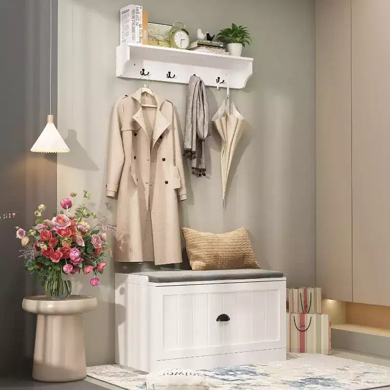 Porte-manteau mural blanc avec banc et 4 crochets doubles, 1 personne