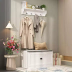 Porte-manteau mural blanc avec banc et 4 crochets doubles, 1 personne
