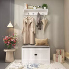 Porte-manteau mural blanc avec banc et 4 crochets doubles, 1 personne