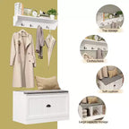 Porte-manteau mural blanc avec banc et 4 crochets doubles, 1 personne