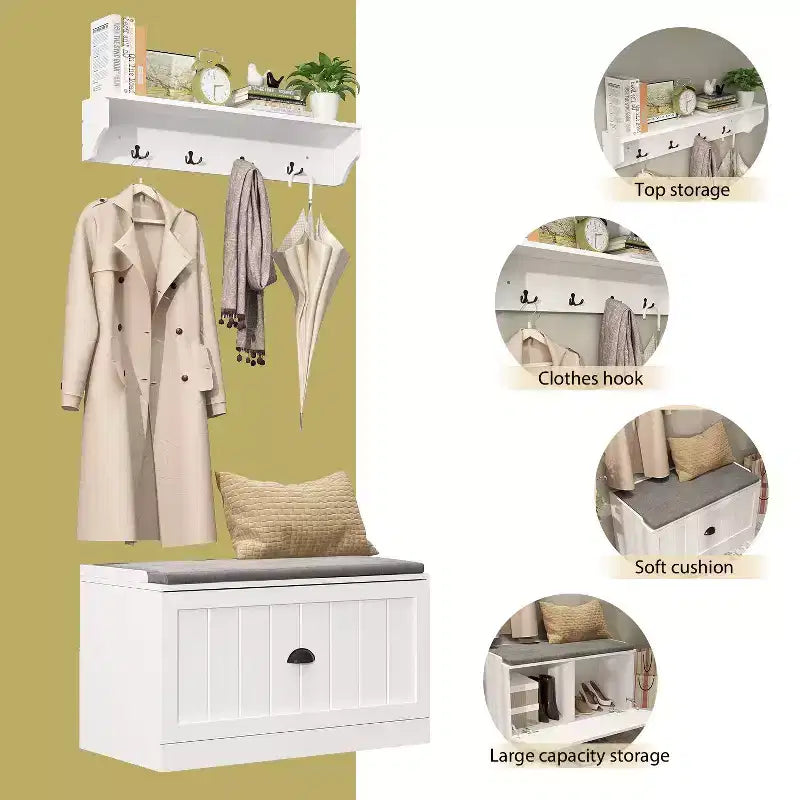 Porte-manteau mural blanc avec banc et 4 crochets doubles, 1 personne