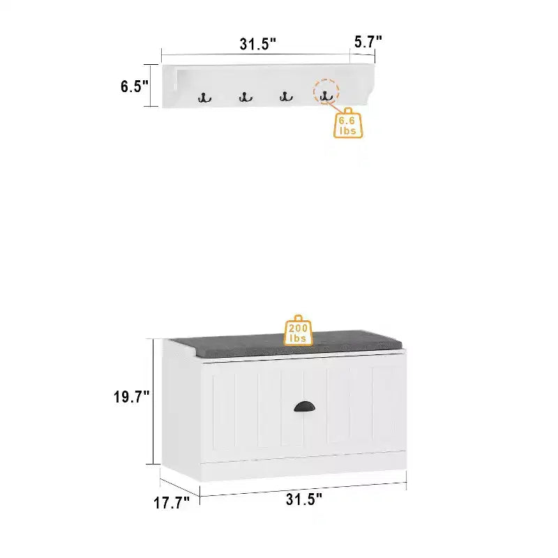 Porte-manteau mural blanc avec banc et 4 crochets doubles, 1 personne