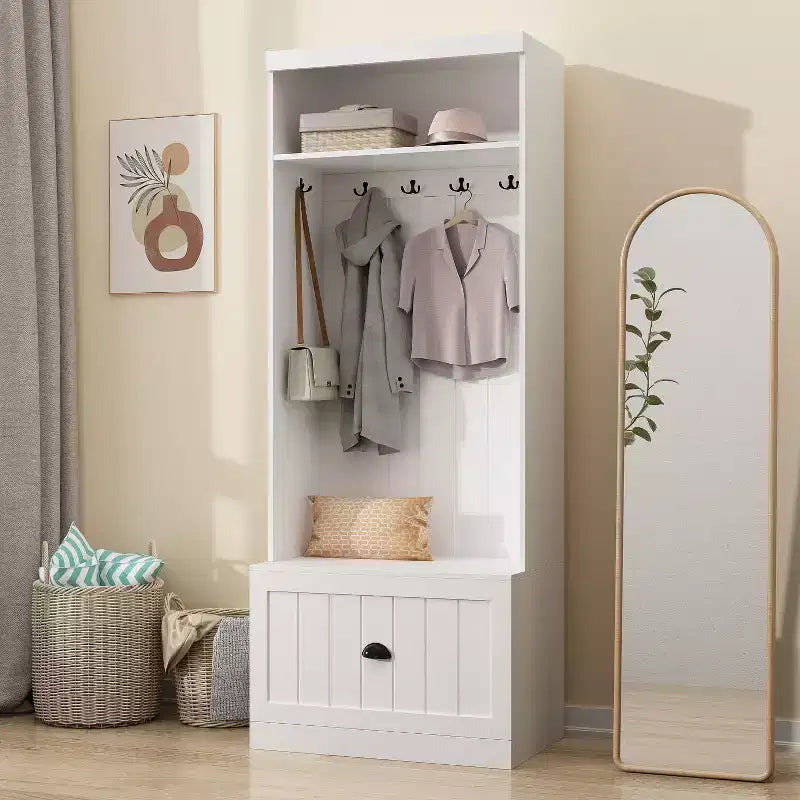 Famapy White Hall Tree Shelf Rack Shoe Storage Coat Organizer Cabinet