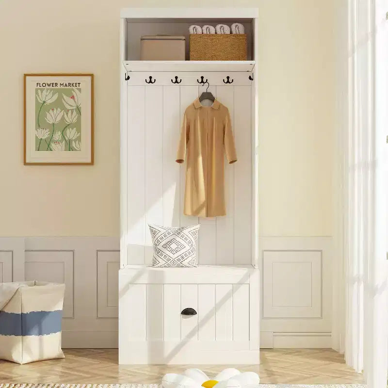 Arbre d'entrée blanc avec patères et armoire de rangement, 1 personne