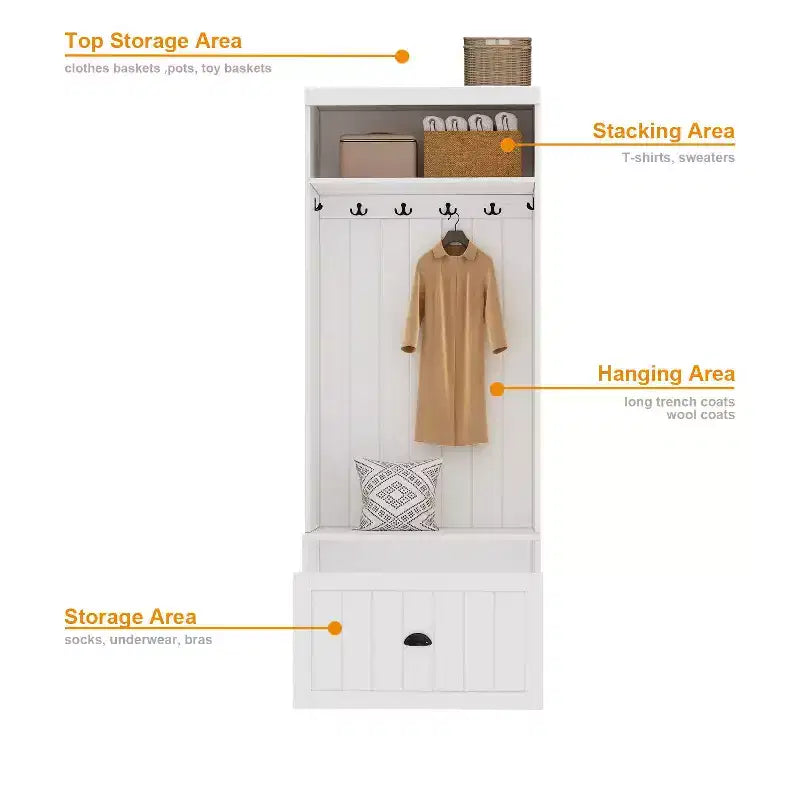 Arbre d'entrée blanc avec patères et armoire de rangement, 1 personne