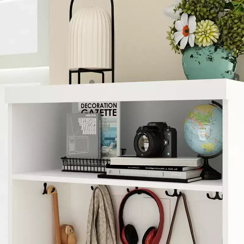 Arbre d'entrée blanc avec patères et armoire de rangement, 1 personne
