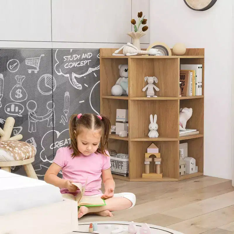 Organisateur de rangement d'angle à 3 niveaux pour jouets avec ports USB, 9 casiers, pour enfants, gris/naturel/blanc