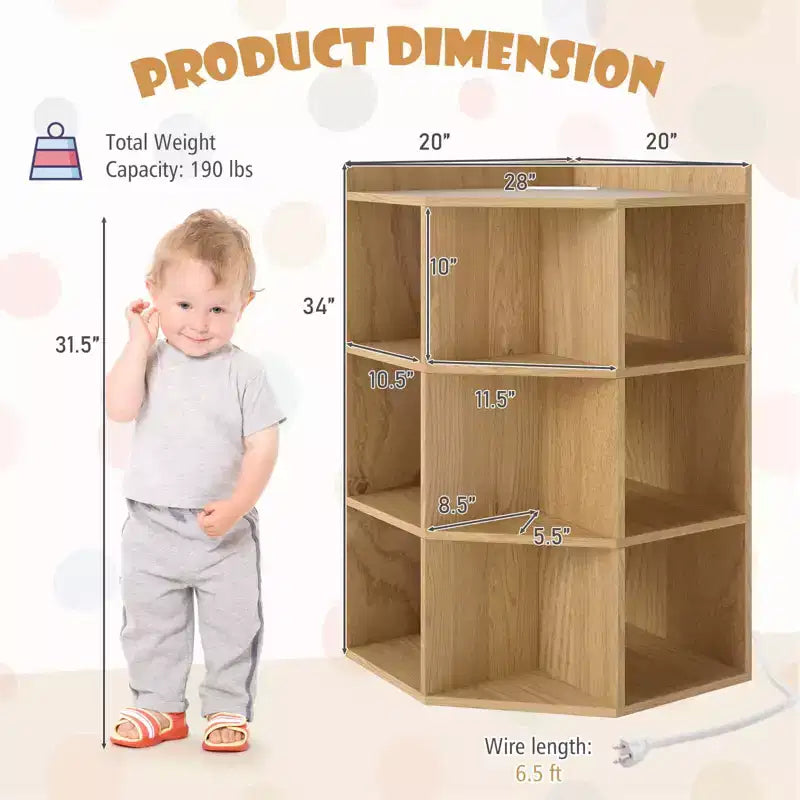 Organisateur de rangement d'angle à 3 niveaux pour jouets avec ports USB, 9 casiers, pour enfants, gris/naturel/blanc