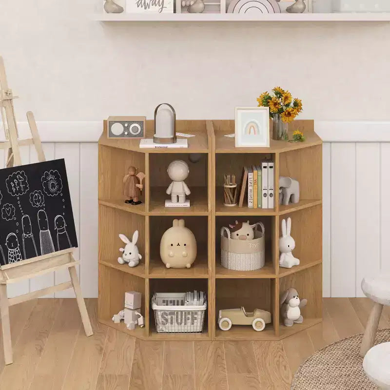 Organisateur de rangement d'angle à 3 niveaux pour jouets avec ports USB, 9 casiers, pour enfants, gris/naturel/blanc
