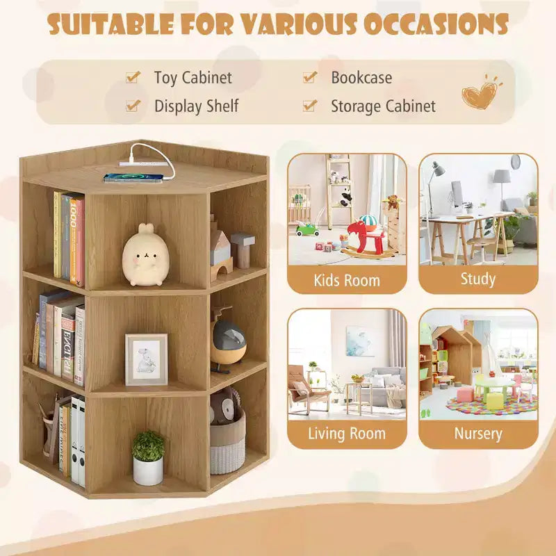 Organisateur de rangement d'angle à 3 niveaux pour jouets avec ports USB, 9 casiers, pour enfants, gris/naturel/blanc