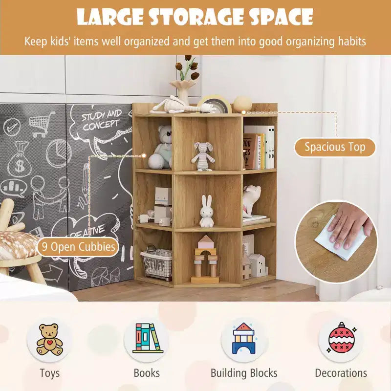 Organisateur de rangement d'angle à 3 niveaux pour jouets avec ports USB, 9 casiers, pour enfants, gris/naturel/blanc