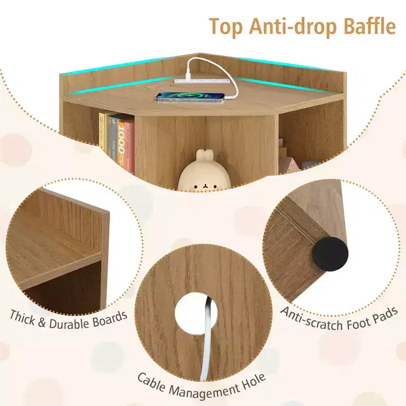 Organisateur de rangement d'angle à 3 niveaux pour jouets avec ports USB, 9 casiers, pour enfants, gris/naturel/blanc