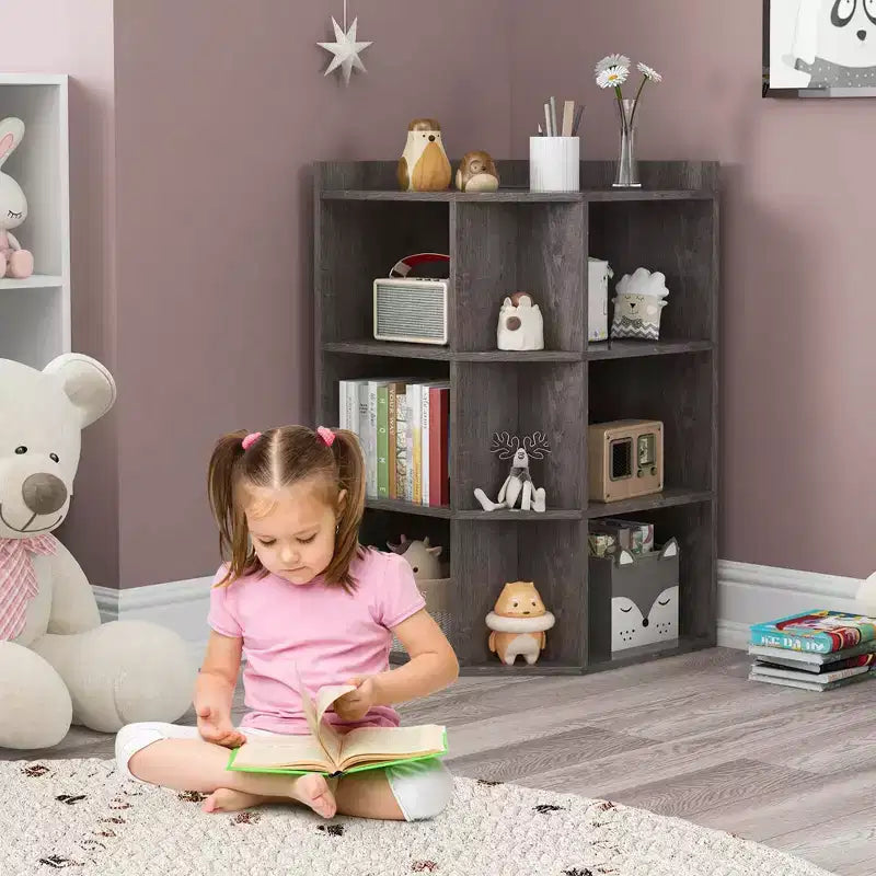 Organisateur de rangement d'angle à 3 niveaux pour jouets avec ports USB, 9 casiers, pour enfants, gris/naturel/blanc