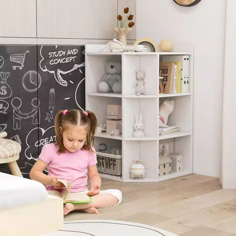 Organisateur de rangement d'angle à 3 niveaux pour jouets avec ports USB, 9 casiers, pour enfants, gris/naturel/blanc