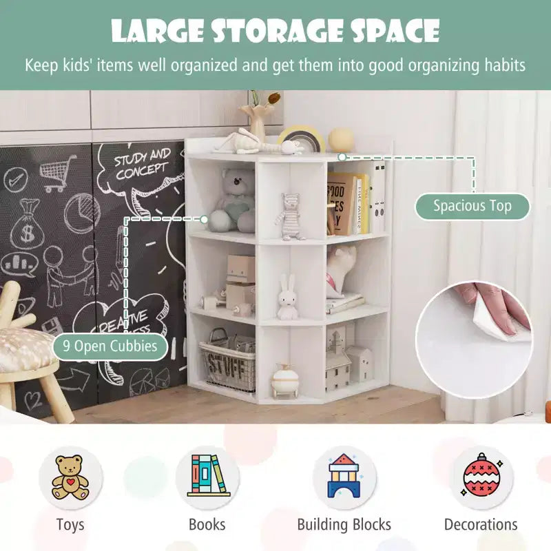 Organisateur de rangement d'angle à 3 niveaux pour jouets avec ports USB, 9 casiers, pour enfants, gris/naturel/blanc
