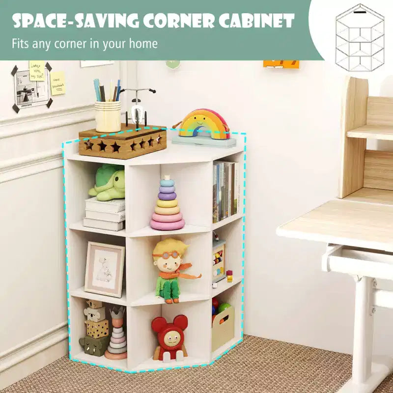 Organisateur de rangement d'angle à 3 niveaux pour jouets avec ports USB, 9 casiers, pour enfants, gris/naturel/blanc