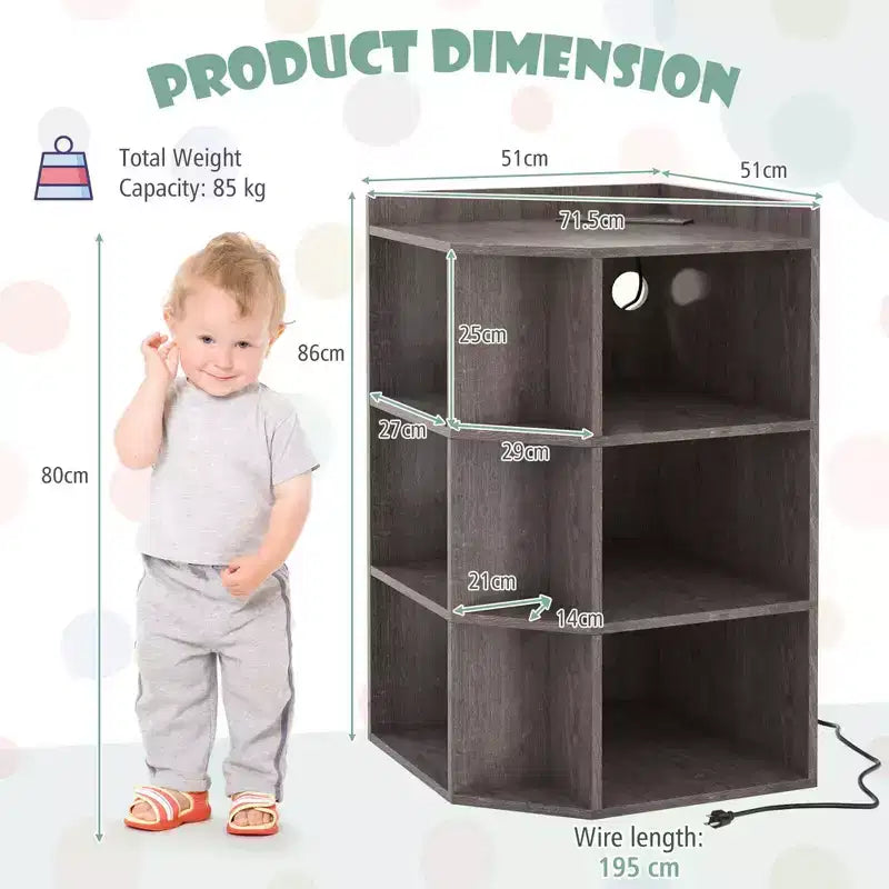 Organisateur de rangement d'angle à 3 niveaux pour jouets avec ports USB, 9 casiers, pour enfants, gris/naturel/blanc