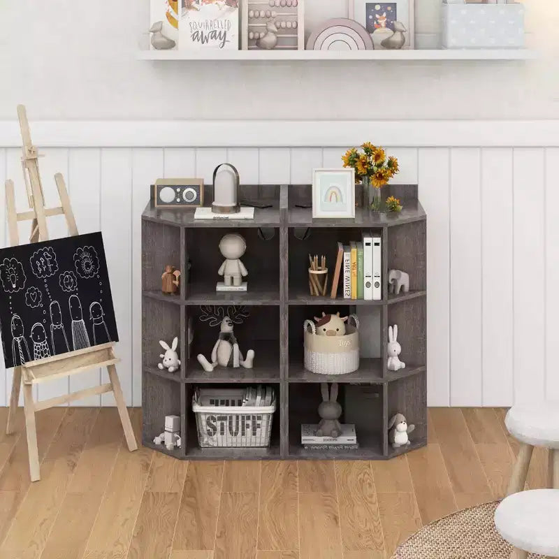 Organisateur de rangement d'angle à 3 niveaux pour jouets avec ports USB, 9 casiers, pour enfants, gris/naturel/blanc
