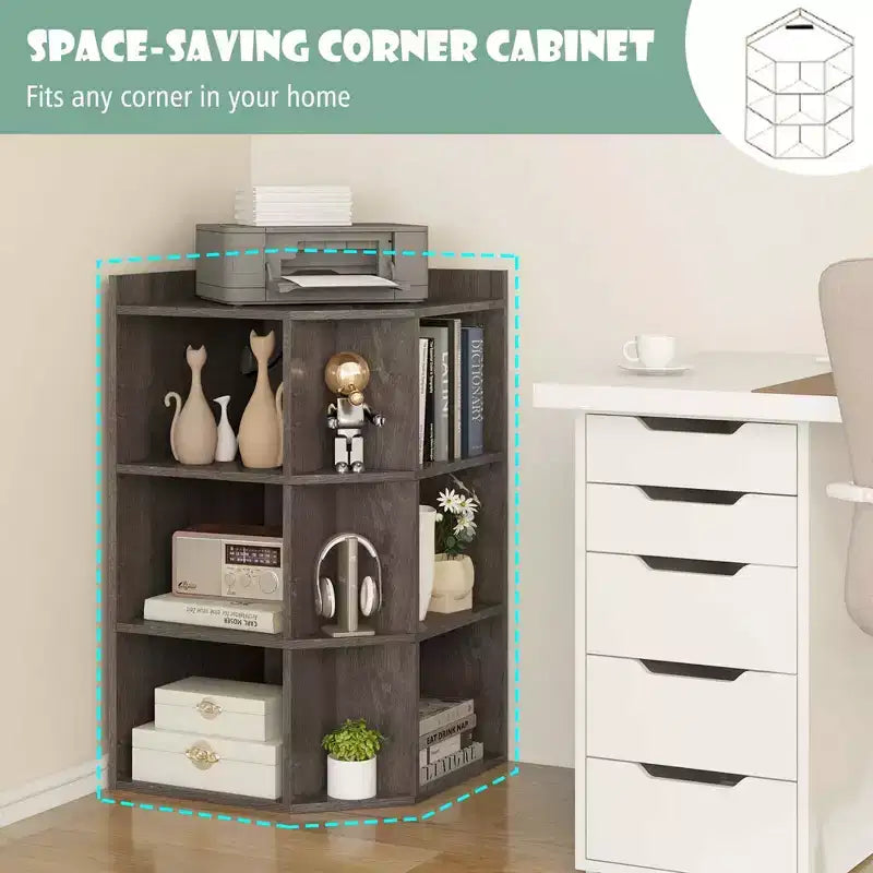 Organisateur de rangement d'angle à 3 niveaux pour jouets avec ports USB, 9 casiers, pour enfants, gris/naturel/blanc