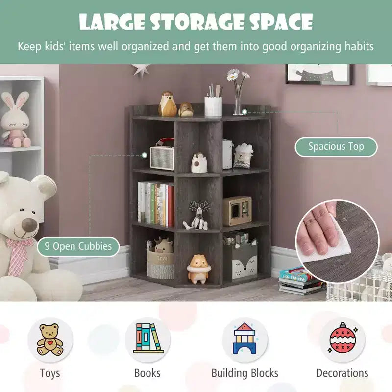 Organisateur de rangement d'angle à 3 niveaux pour jouets avec ports USB, 9 casiers, pour enfants, gris/naturel/blanc