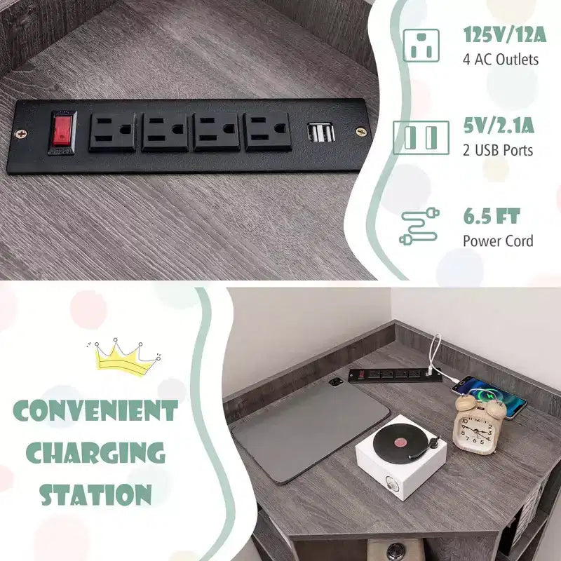 Organisateur de rangement d'angle à 3 niveaux pour jouets avec ports USB, 9 casiers, pour enfants, gris/naturel/blanc