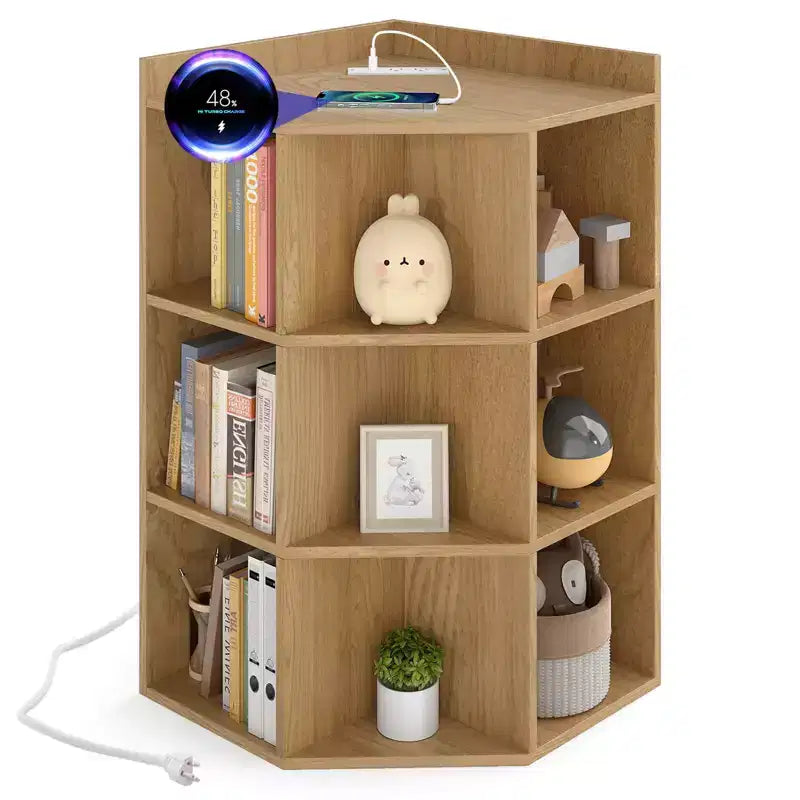 Organisateur de rangement d'angle à 3 niveaux pour jouets avec ports USB, 9 casiers, pour enfants, gris/naturel/blanc
