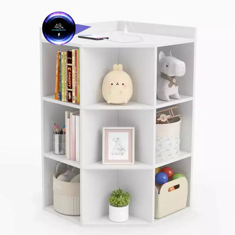 Organisateur de rangement d'angle à 3 niveaux pour jouets avec ports USB, 9 casiers, pour enfants, gris/naturel/blanc