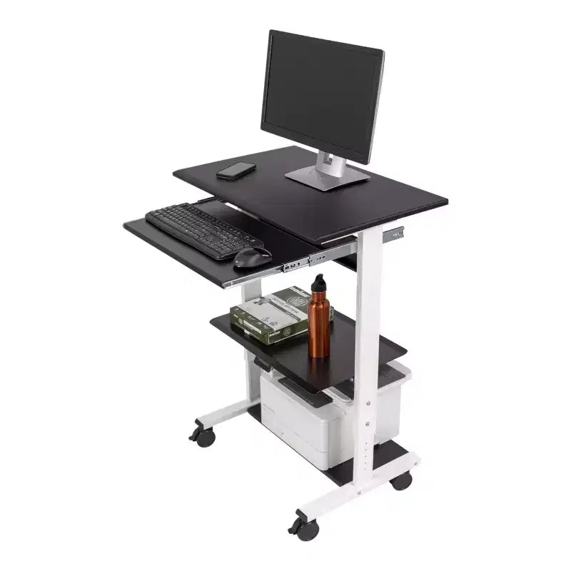 Poste de travail mobile et réglable en hauteur avec étagère pour imprimante et tablette coulissante pour clavier de Stand Up Desk Store