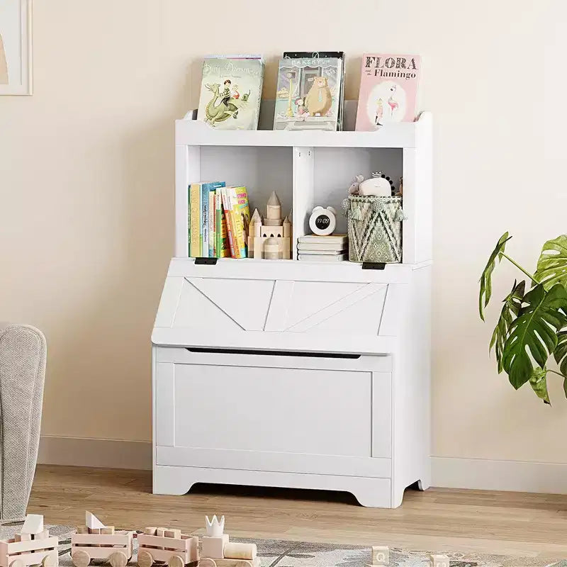 Bibliothèque enfant gris/blanc avec coffre à jouets, 3 étagères