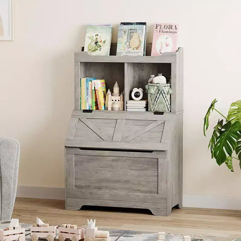 Bibliothèque enfant gris/blanc avec coffre à jouets, 3 étagères
