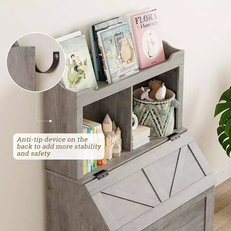 Bibliothèque enfant gris/blanc avec coffre à jouets, 3 étagères