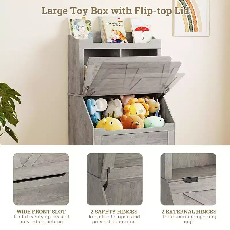 Bibliothèque enfant gris/blanc avec coffre à jouets, 3 étagères